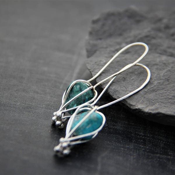 Sterling silver and raw rough gemstone earrings "Physalis", chrysocolla, turquoise, charoite, apatite, citrine, cage, unique, floral