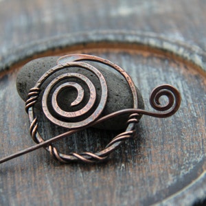 Oxidized textured spiral shawl pin, scarf pin, fibula, rustic, primitive, simple shawl pin, round spiral pin, brooch, cardigan closure