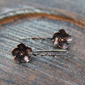 Mixed metal flower earrings, sterling silver and copper "Buttercup" earrings,  rustic floral dangle earrings, metalwork, silver 925,