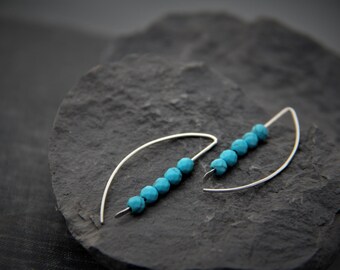 Sterling silver and turquoise howlite half moon hoop earrings, semicircle earrings, minimalist, geometric, simple, bow, blue earrings