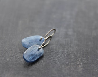 Sterling silver and blue kyanite minimalist dangle earrings, asymmetrical, modern, everyday, modern, oval kyanite slab earrings, simple