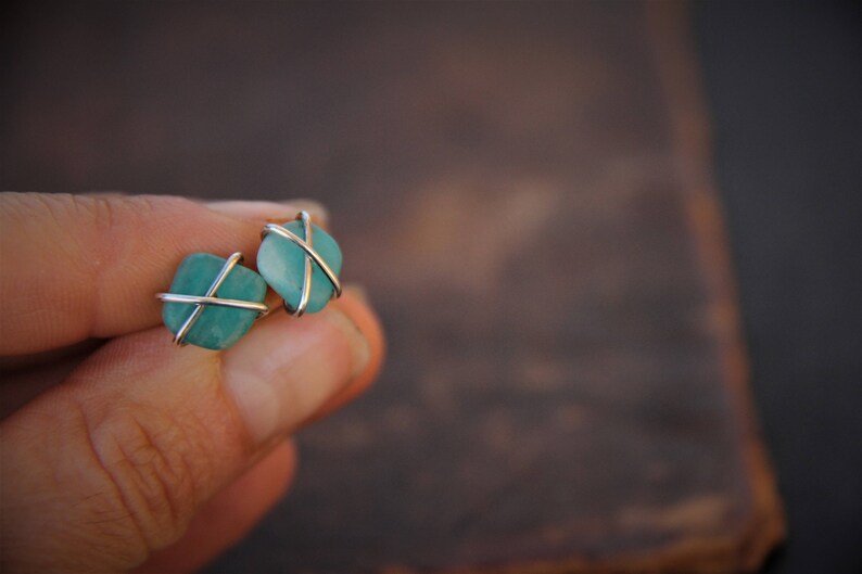 Cross wrapped sterling silver and matte Russian amazonite stud earrings, rough, raw wrapped studs, freeform gem stone earrings, rustic, image 3