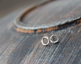 Molten sterling silver small open circle studs, silver 925 round studs, fused sliver post earrings, organic, rough texture, raw, natural