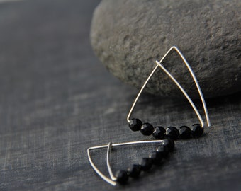 Modern beaded triangle hoop earrings in sterling silver or copper, geometric, simple, minimalist, everyday, green, black, violet, peach