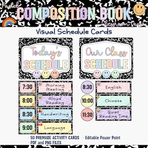 May include: A set of pastel-colored visual schedule cards with a composition book theme. The cards include "Today's Schedule" and "Our Class Schedule" with smiley faces, along with time slots and activity labels like "Morning Meeting" and "English".