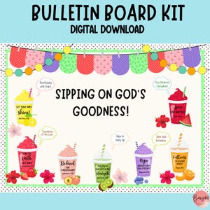 Christian Bulletin Board Kit – Summer Fruit Smoothie Theme – Bible Verse Classroom Decor – Printable & Editable