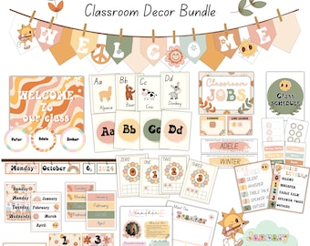 Groovy Classroom Decor Bundle Retro 70s Flower Theme Printable Teacher Bulletin Board Set