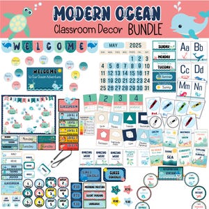 Paquete de decoración moderna para aulas oceánicas / Kit imprimible con temática submarina / Pósters y etiquetas editables para tablones de anuncios para profesores