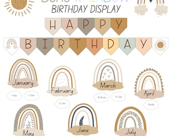 Exhibición de cumpleaños arcoíris bohemia / Tabla de cumpleaños editable para el aula / Decoración para maestros en tonos pastel tranquilos / Descarga digital