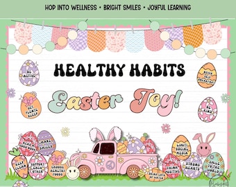 Groovy Easter Prikbordset Gezonde gewoonten Retro Verpleegkundige Kantoor Lente Klaslokaaldecoratie