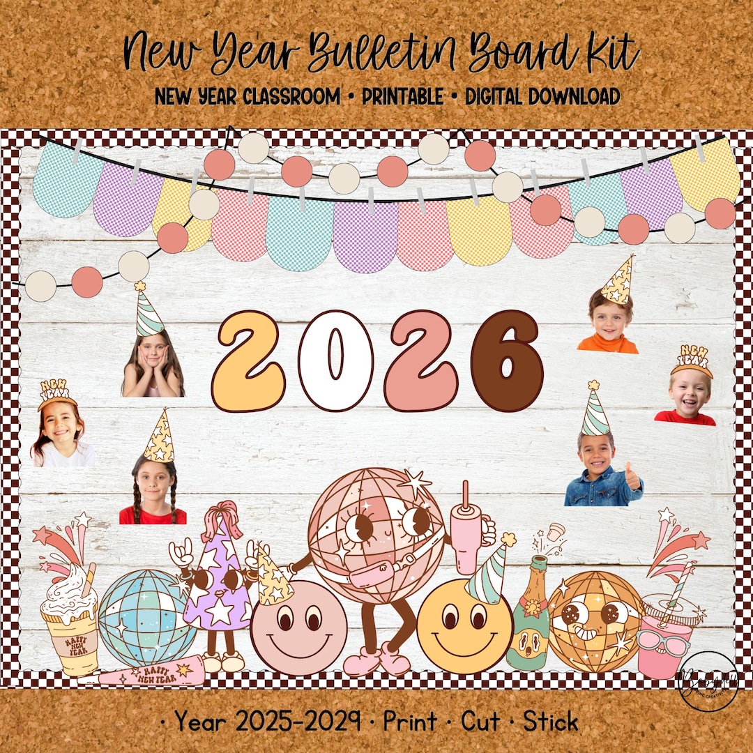 Groovy New Year Bulletin Board Kit for Retro 2025-2029 Classroom Decor ...