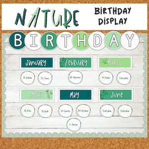 Exhibición de cumpleaños para el aula de naturaleza / Tabla de cumpleaños editable para estudiantes / Decoración para docentes en tonos tierra / Tema natural tranquilo / Descarga digital