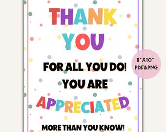 Teacher Appreciation Sign Thank You For All You Do Staff Gift Printable Classroom Decor