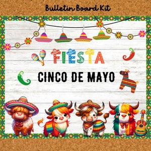Kit de tablón de anuncios del Cinco de Mayo / Decoración para el aula con la Fiesta de las Vacas de las Tierras Altas / Exhibición de puerta de granja de primavera