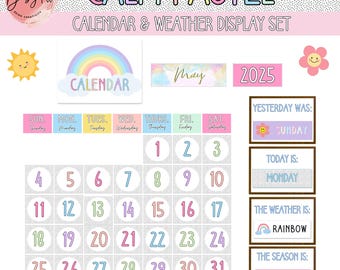 Calm Pastel Classroom Calendar and Weather Chart for Morning Meeting Decor