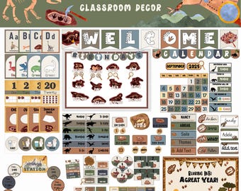 Dinosaur Classroom Decor Bundle Paleontologist Theme Boho Earthy Tones Printable Bulletin Board Set