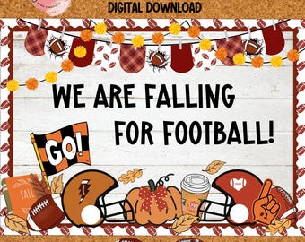 May include: A digital bulletin board kit with a football theme. The design includes football helmets, a pumpkin, a coffee cup, and the text "We are falling for football!" The kit is editable and includes the names "Adele" and "Winter" on footballs.