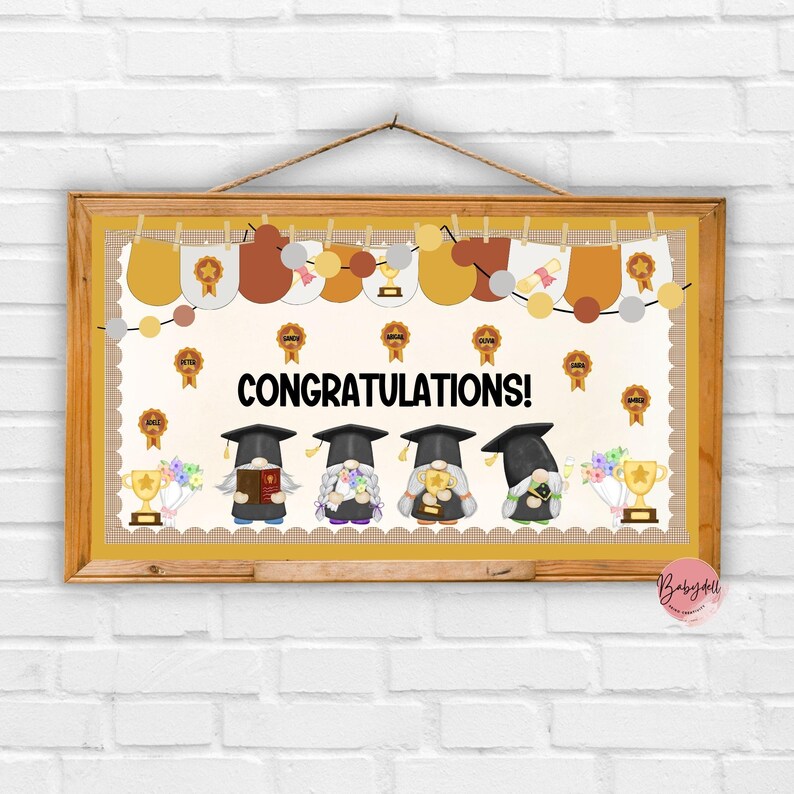 Graduation Bulletin Board Kit: End of Year Gnome Decor, Editable Name ...