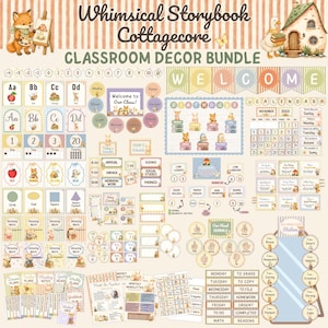 Op de afbeelding: Een klaslokaal decoratiepakket met een sprookjesachtig thema, voorzien van illustraties van bosdieren, een huisje en zachte pasteltinten. De set bevat alfabetkaarten, cijferkaarten, een kalender, verjaardagskaarten en diverse labels.