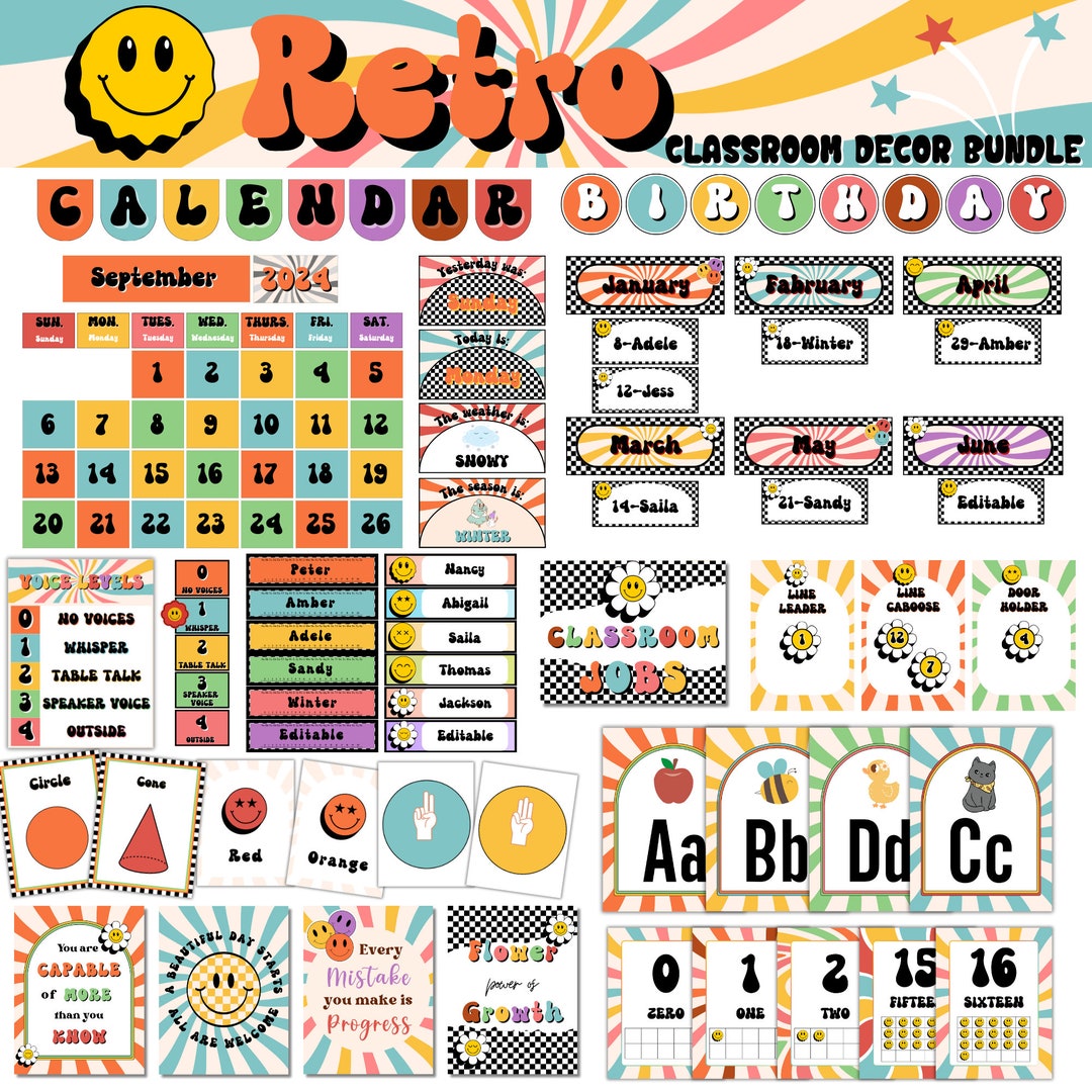 Groovy Retro Classroom Decor Bundle Editable 70s Smiley Face Theme ...