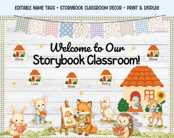Classroom Bulletin Board Kit with Storybook Cottagecore Decor and Editable Name Tags