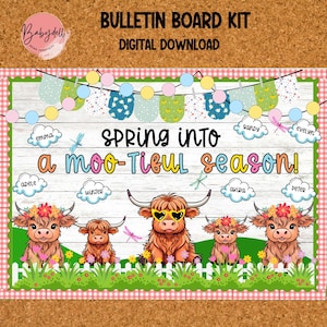 Highland Cow Bulletin Board Kit for Back to School, Modern Farmhouse Classroom Decor, Printable Teacher Door Sign, Rustic Farm Theme Display