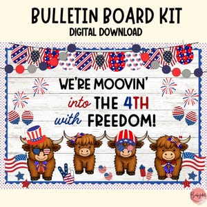 Kit de quadro de avisos de 4 de julho: decoração de sala de aula com vaca patriótica das Terras Altas (download digital)