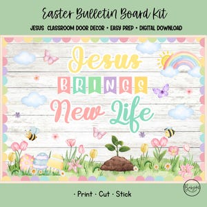 Kit de boletín de Pascua: Jesús trae nueva vida, decoración cristiana de primavera para la puerta del aula.