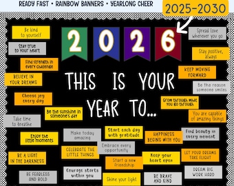 May include: A back-to-school bulletin board kit with a black background and colourful banners displaying the year 2026. The kit includes inspirational messages in yellow and white boxes, encouraging positivity and personal growth.
