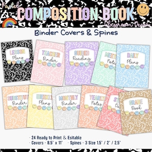 May include: A selection of pastel-coloured binder covers and spines, labelled "COMPOSITION BOOK Classroom Decor". The covers display titles such as "Lesson Plans" and "Teacher Binder", with smiley face graphics. Covers are 21.6 cm x 27.9 cm.