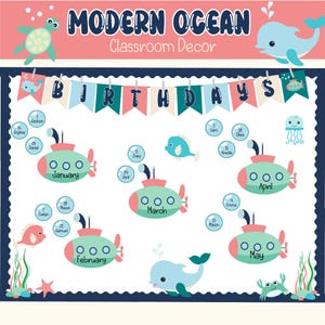 Könnte beinhalten: Ein Klassenzimmer-Geburtstagsdiagramm mit einem modernen Ozean-Thema. Das Diagramm zeigt einen blauen und weißen Hintergrund mit einem Banner, auf dem "Geburtstage" steht. Jeder Monat wird durch ein U-Boot mit dem Namen des Monats dargestellt. Jedes U-Boot hat eine andere Farbe und ein anderes Muster. Auf dem Diagramm befinden sich auch Fische, Quallen und eine Schildkröte.