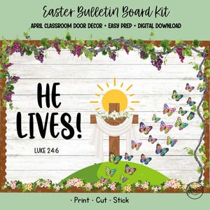 Kit de tablero de anuncios de Pascua "Él vive", decoración cristiana para el aula, exhibición de resurrección para la escuela dominical
