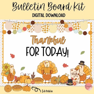 Thanksgiving Bulletin Board Kit with 3 Phrases, Cute Turkey Classroom Decor, Fall Door Display, Grateful Thankful Homeschool Printable Art