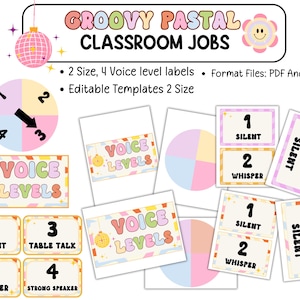 Groovy Pastel Voice Level Chart | Editable Classroom Noise Control Display | Retro Calm Teacher Decor | Digital Download