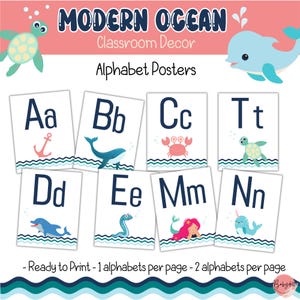 Pósteres modernos del alfabeto oceánico de la A a la Z / Decoración marina editable para el aula / Letras costeras tranquilas / Descarga digital