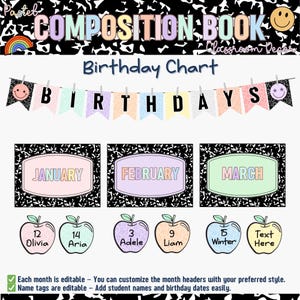 Birthday Bulletin Board | Composition Book Chart | Classroom Decor | Pastel Birthday Display Printable