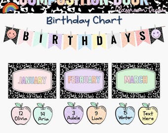 Birthday Bulletin Board | Composition Book Chart | Classroom Decor | Pastel Birthday Display Printable