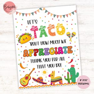 Letrero imprimible de agradecimiento a los tacos / Decoración de agradecimiento para maestros, enfermeras y personal / Exhibición de barra de tacos del Cinco de Mayo / Descarga digital instantánea