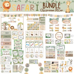 Paquete de decoración para aulas de safari con temática de jungla neutra, estampado de animales bohemios, imprimible y editable para profesores.
