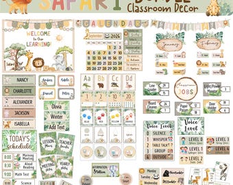 Safari Classroom Decor Bundle Neutral Jungle Theme Boho Animal Print Editable Teacher Printable