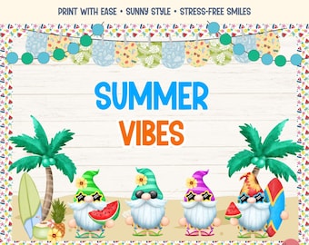 Puede incluir: Un kit de tablero de anuncios con temática de verano con el texto "Summer Bulletin Board Kit" y "Summer Vibes". El diseño incluye gnomos de dibujos animados, palmeras, tablas de surf y rodajas de sandía. El kit es editable en PPTx.