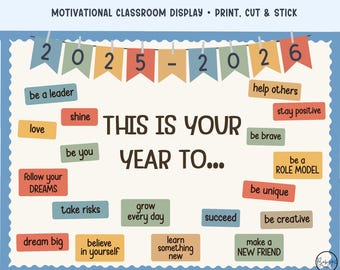 Motivational bulletin board kit with growth mindset decor and goal setting phrases