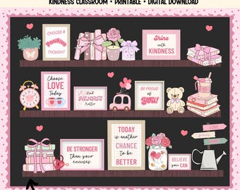 Bulletin Board Kit Valentine's Day Kindness Bookshelf Theme Pink Neutral Classroom Decor