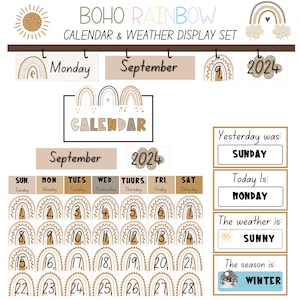 Boho Rainbow Classroom Calendar Kit | Editable Daily Calendar Display | Calm Pastel Teacher Decor | Digital Download