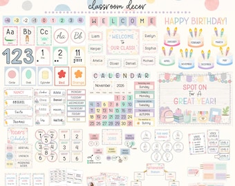 Spotty pastel decor bundle for kindergarten back to school classroom setup