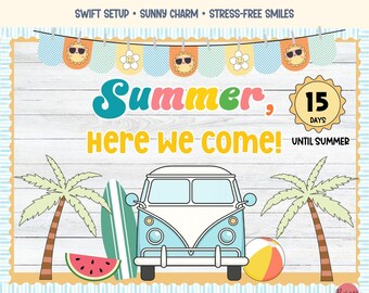 Summer bulletin board kit with retro van for hello summer classroom decor