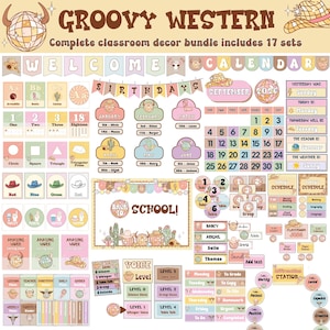 Retro Western Classroom Decor Bundle Disco Cowgirl Theme Printable Bulletin Board Set