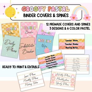 May include: Twelve printable binder covers and spines in pastel colors with groovy designs. The designs include a rainbow, peace sign, and disco ball. The text on the covers includes "Lesson Plans", "Teacher Binder", "Meeting Notes", "Substitute Binder", "Daily Plans", "Guided Reading", "Weekly Plans", "Monthly Plans", and "Yearly Plans".