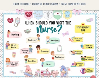 May include: A School Nurse Bulletin Board Kit featuring the text When Should You Visit The Nurse? and Stay Healthy Tips. The kit includes colourful illustrations of children with various ailments, medical icons, and health advice labels on a white background.