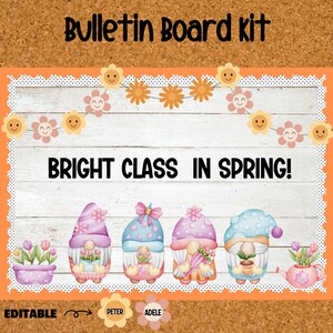 Kit de quadro de avisos Olá Primavera | Decoração de sala de aula de primavera com gnomos | Exibição de porta para pré-escola e creche | Quadro de primavera editável